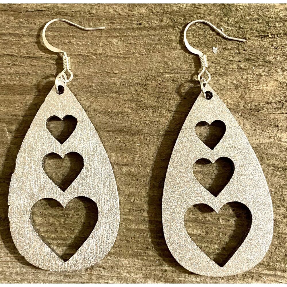 Wood Earrings - 2" x 1.14" Triple Heart Teardrop - Metallic Silver - E008-06
